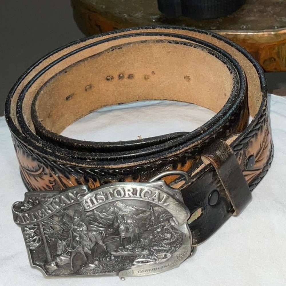 American Historical 1984 Commemorative Belt Buckle & Engraved Leather Belt